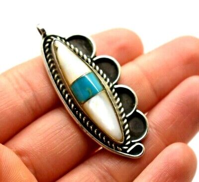 Old Pawn Turquoise MOP Long Sterling Silver 925 Pendant 8g NOL917