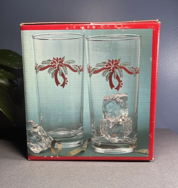 New Anchor Hocking Poinsettia & Ribbons 4pc Iced Tea Glasses 15 oz