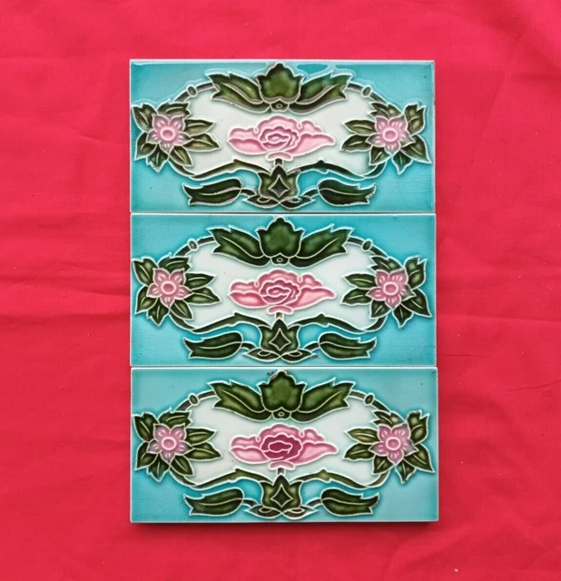3 Piece Old Art Flower Design Embossed Majolica Ceramic Tiles Japan 0209