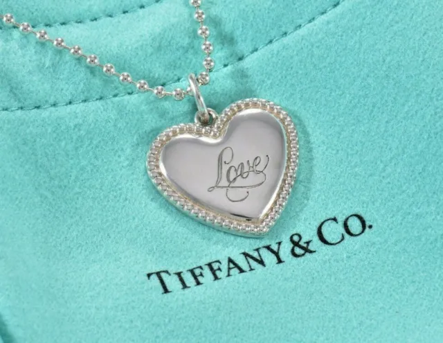 Tiffany & Co Silver Love Signature Heart Pendant Bead Necklace Box Pouch Ribbon