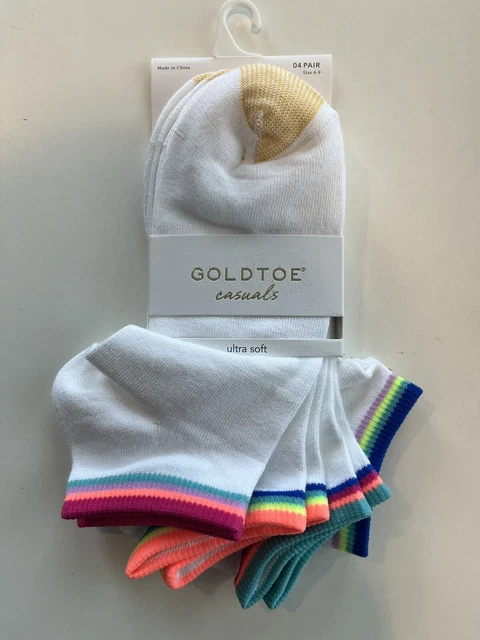 4 Pair Gold Toe Casuals Womens Size 6-9 Racer Stripe Liner Socks White Combo