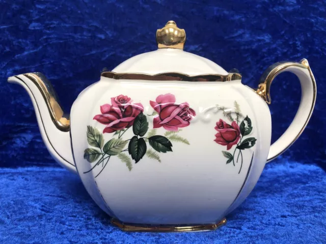 Rare Vintage SADLER, Cube Shaped, Pink/Red Roses & Gold Gilt Teapot c.1930's