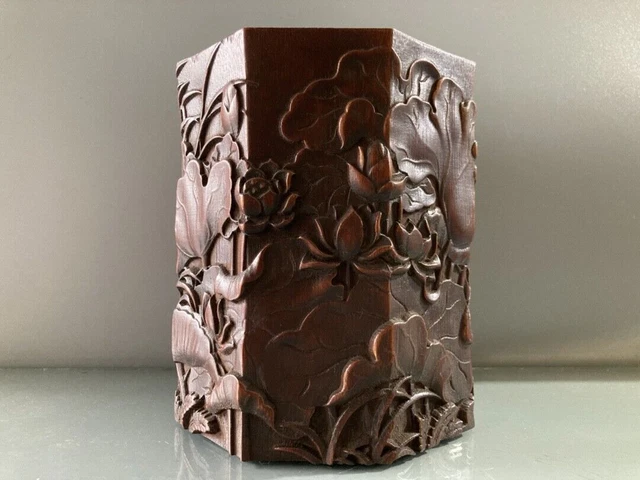 Chinese Antique Old Bamboo Carved Lotus Brush Pot Collection Office Supplies Art