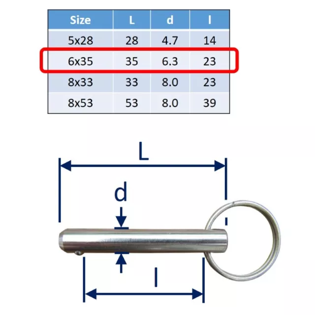Quick release pin, stainless steel with sprung ball end
