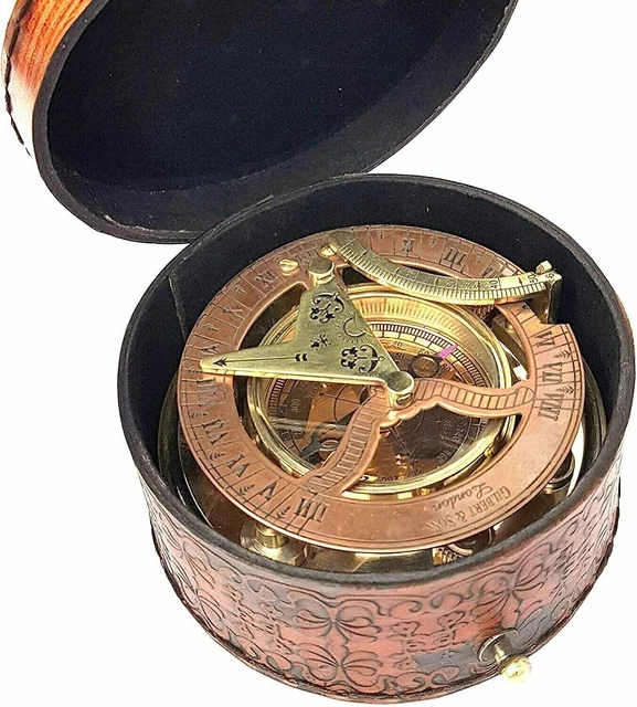 Réplica de brújula de reloj de sol de latón vintage náutico con estuche de...