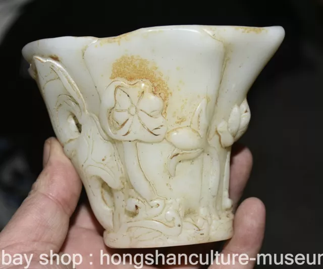 4.4" Rare Old Chinese White Jade Carving Palace Lotus Flower Fish Cann Goblet 2