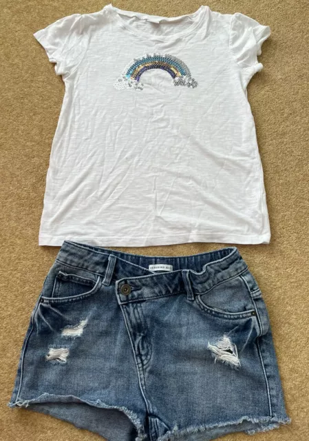 Girls Clothes bundle Age 12-13 152cm Reserved Denim Shorts White Next Top Set