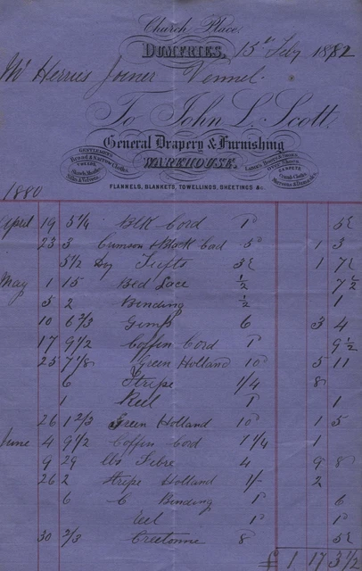 1882 Dumfries, John L. Scott, Draper Warehouse, Billhead To John Herries, Vermel
