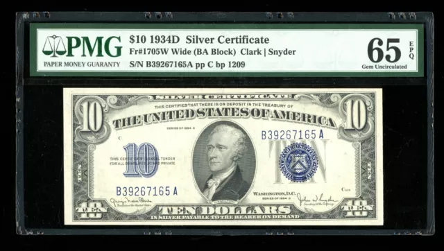 DBR 1934-D $10 Silver Wide Gem Fr. 1705W PMG 65 EPQ Serial B39267165A