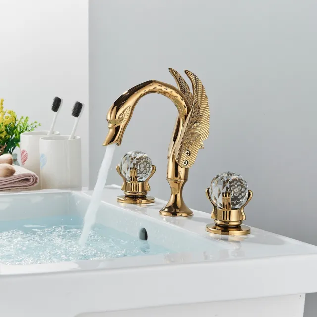 Grifo fregadero de baño extendido dorado manijas dobles 3 orificios grifo de lavabo