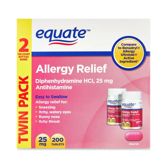 EQUATE ALLERGY RELIEF Diphenhydramine 25mg Tablets, 100 Ct 2 Pack