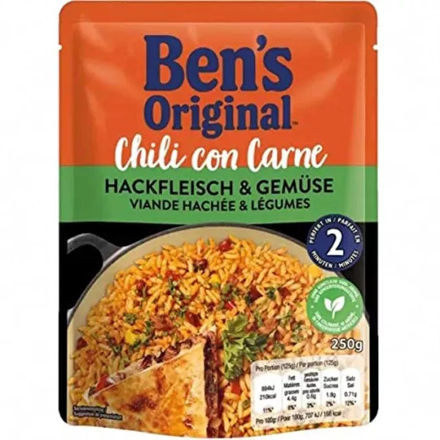 6 x 250 g Ben's Chili con Carne piatto pronto carne macinata verdure NUOVO MHD 9/24