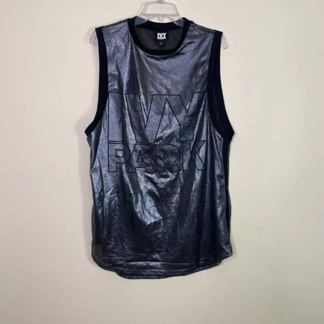 Ivy Park Tank Top Womens Large Logo Silver Black Mesh Metallic Sheer Oversized