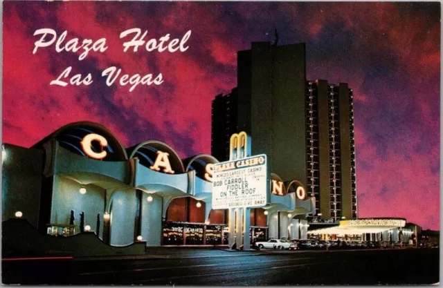 Vintage LAS VEGAS Nevada Postcard PLAZA HOTEL & CASINO Fremont Street / Night