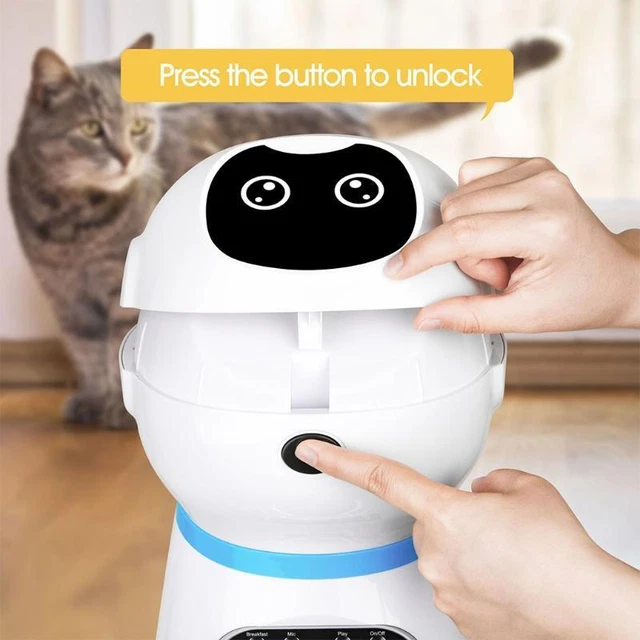 Cute Robot Shape Automatic Cat Feeder with 10s Voice Recorder Keeping Food Fresh 6