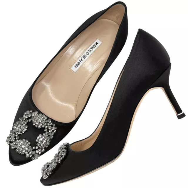 Manolo Blahnik Black Satin Hangisi Crystal Buckle Mid Heel Pointed Pumps