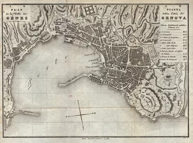 Génova Genova Liguria Mapa de la Ciudad Original Litografía Allodi 1851