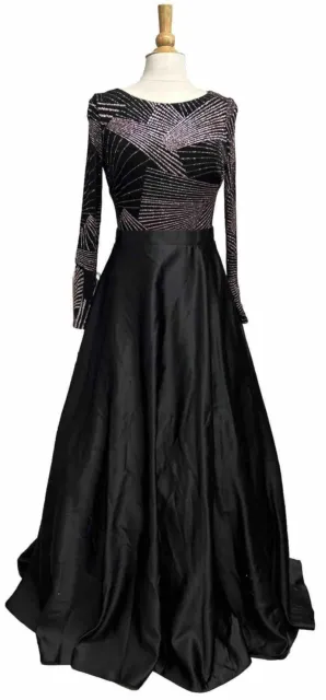Betsy & Adam Long Sleeve Glitter Gianni Gown Black/Gold 10 w/ pockets
