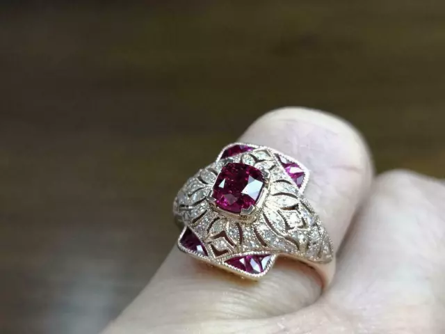 Vintage Art Deco 2.50 Ct Red Ruby & Diamond Antique Engagement 925 Silver Ring