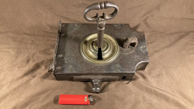 Antique 1700's Large Wrought Iron Door Lock w/ Huge Key Hobbit House Castle Safe