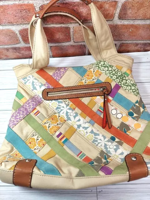 FOSSIL Patchwork Hobo Tote Handbag Canvas Leather Trim Boho Never Used
