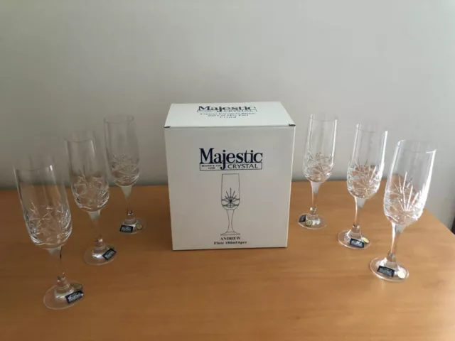 6 X Majestic Andrew Cut Lead Bohemia Crystal Champagne Flutes Czech Republic Nib