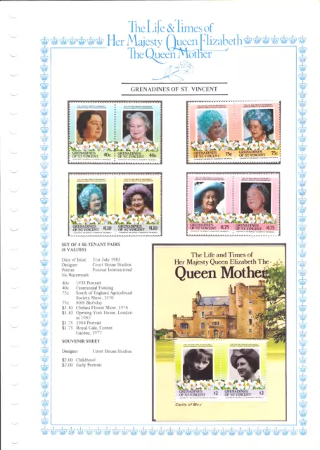 Grenadines Of St Vincent - Set Of 8 Stamps On Card - Queen Mother - Format -1985