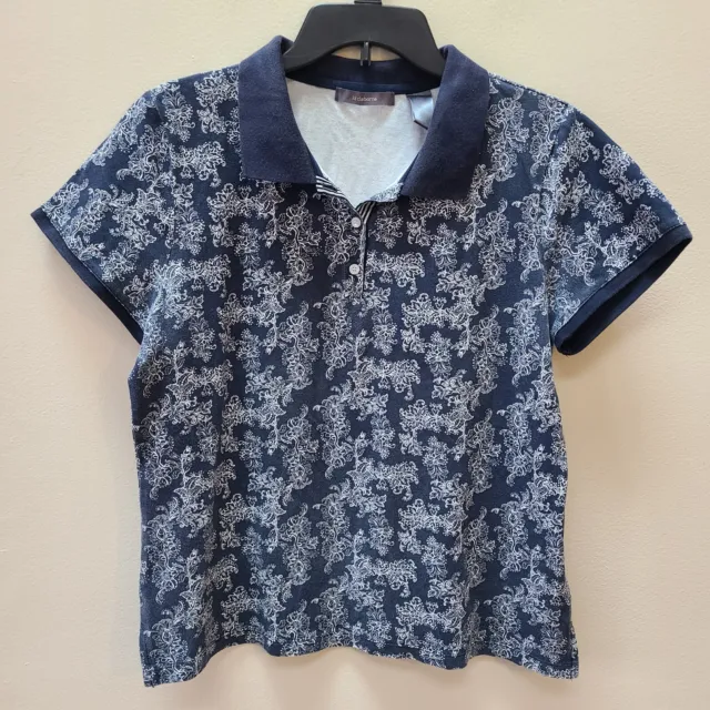 Liz Claiborne Womens Lg Polo Shirt Navy Floral Print Short Sleeve Lightweight