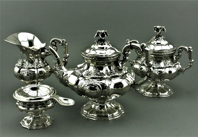 Tee Service 915er Silber Teekanne Milch Zucker Teesieb Rosen Dekor Spanien (721)