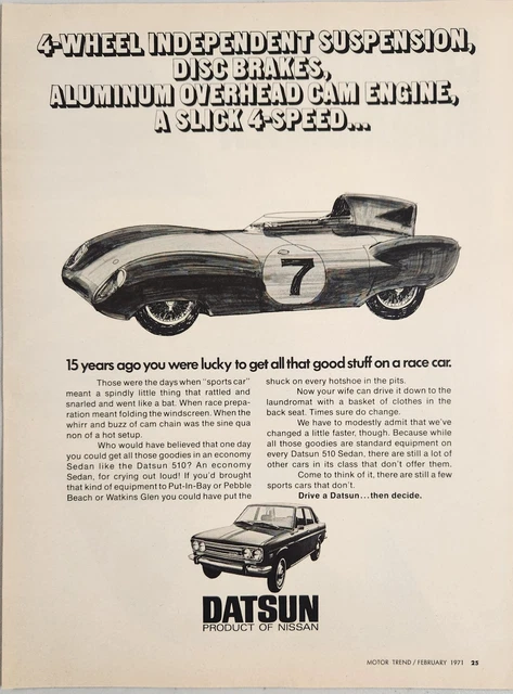 1971 Print Ad Datsun 510 4-Door Sedan & Race Car Disc Brakes & Overhead Cam