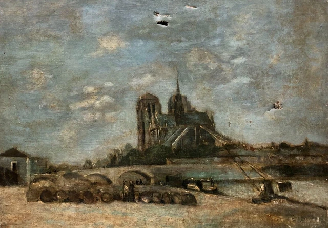 Pintura antigua, Notre Dame De Paris, óleo sobre lienzo, pintura, finales...
