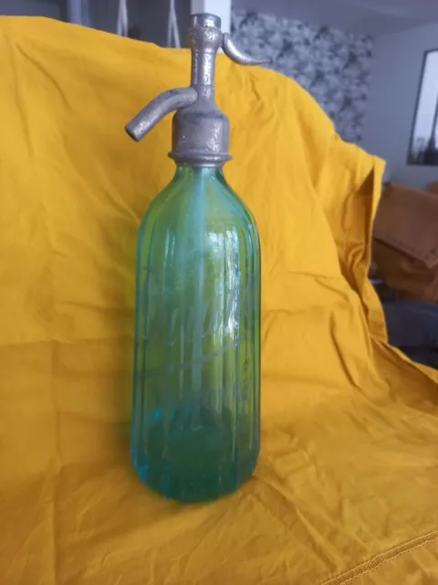 Ancien Siphon De Bar, Bouteille De Couleur Bleu/vert De Forme Conique