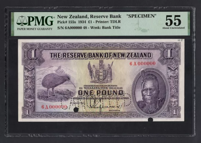 New Zealand One Pound 1934 P155s "Specimen" About Uncirculated