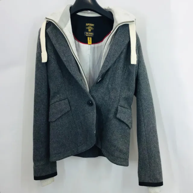 Superdry Grey Hooded Wool Blend Jacket UK XS