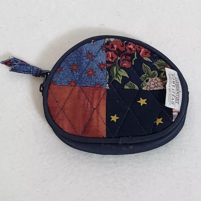 Longaberger Homestead Small Blue Fabric Patchwork Round Coin Purse Zip Close NOS