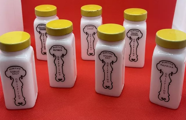 VTG 7 PC GRIFFITH'S Milk Glass Spice Jars-Art Deco Yellow Lids