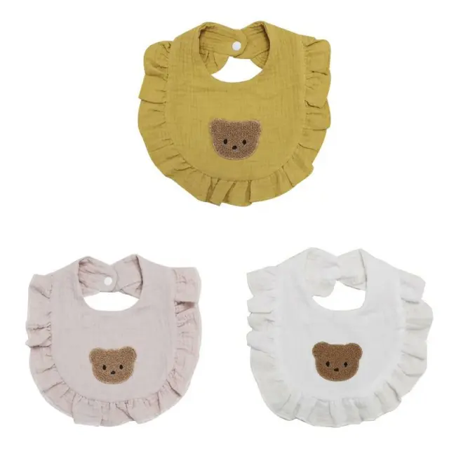 Cartoon Bear Embroidery Infant Baby Cotton Drool Bibs Ruffled Apron Saliva Towel