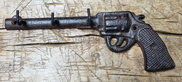 2 Cast Iron PISTOL Towel, Coat Hooks, Hat Hook, Key Rack GUN MAN CAVE Firearm