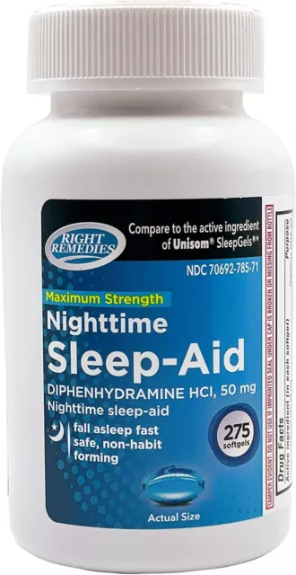 RIGHT REMEDIES Difenhidramina HCI, 50 mg Ayuda para dormir nocturno-275 geles suaves