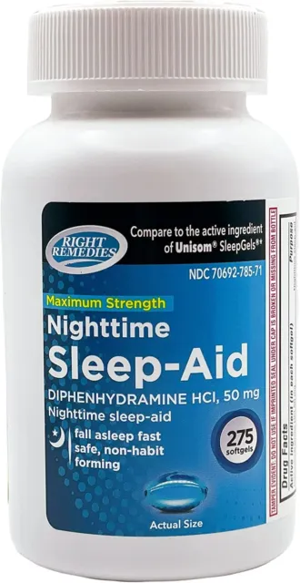 RIGHT REMEDIES Diphenhydramine HCI, 50 mg Nighttime Sleep Aid-275 soft gels