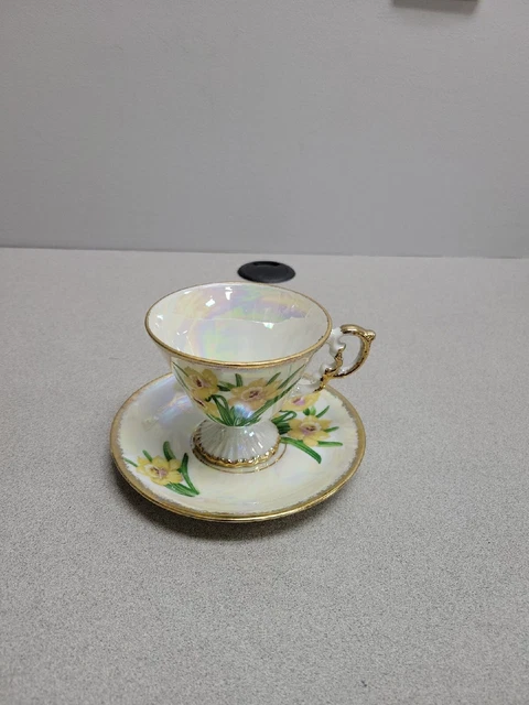Vintage China Tea Cup & Saucer March Daffodil Lusterware Made In Japan