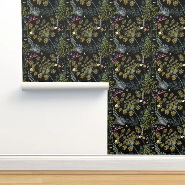 Removable Water-Activated Wallpaper Wild Black Green Flowers Leaves Floral