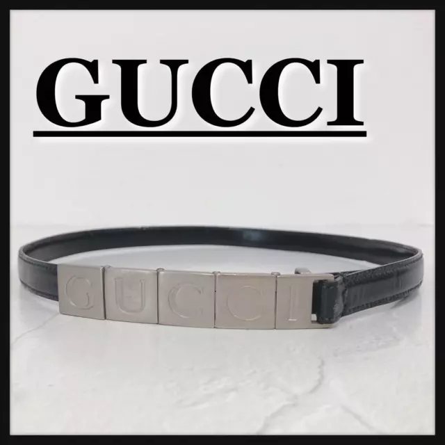 Gucci Silver Logo Buckle Belt Black Silver Leather L 70 cm made in Italy Used