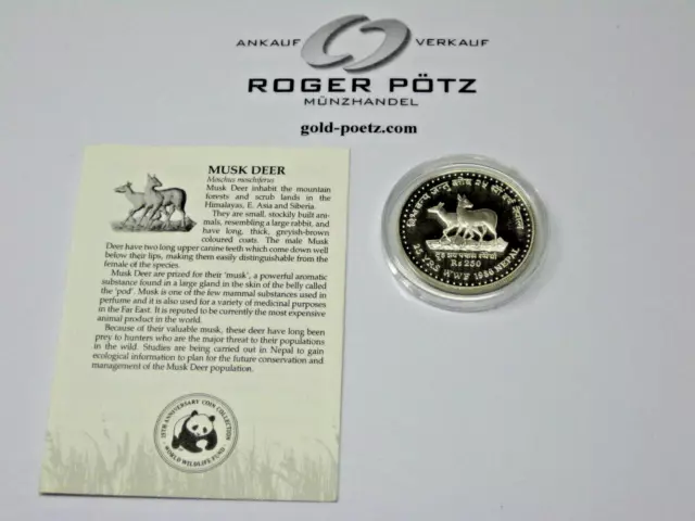 Roger Pötz: 250 Rupees Silber 1986 PP Muschustier mit WWF Zertifikat