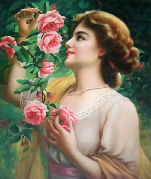 Dream-art Oil painting young female portrait lady with roses flowers canvas art