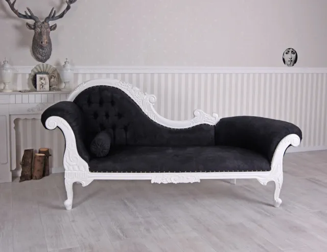 Sofa Velvet Chaise Longue Couch Black Upholstered Lounger Bench Mahogany 211cm 3