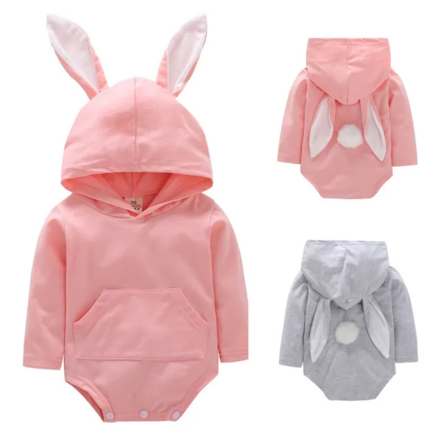 Baby Girls Boys Cute Easter Bunny Rabbit Ears Hood Romper Bodysuit Pocket Outfit