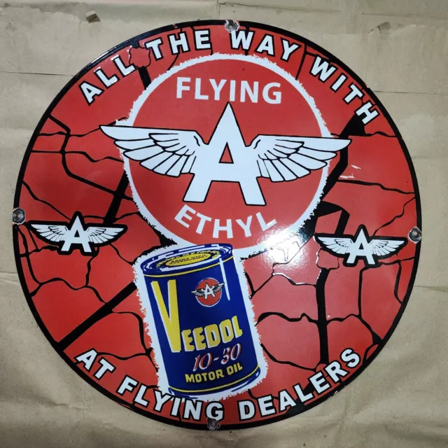 Flying A Ethyl Porcelain Enamel Sign 30 Inches Round