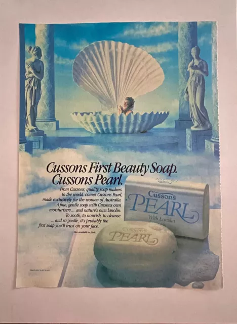 Cussons Pearl First Beauty Soap Shell Lady Bathing ~ Vintage 1985 PRINT AD 80s