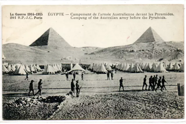 Cpa Egypte. Guerre 1914.Campement de l’Armée Australienne devant les Pyramides.